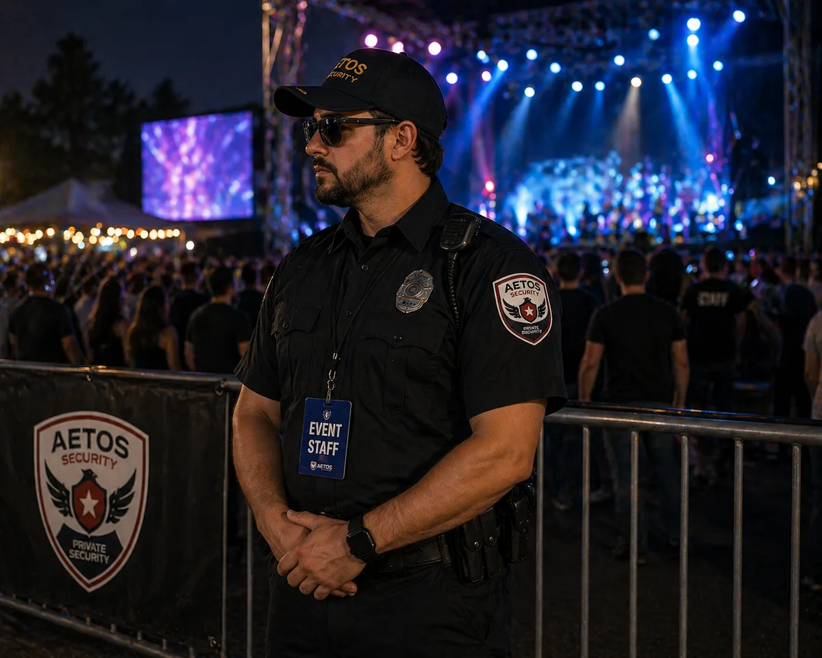 Aetos Security officer providing event security at outdoor concert venue