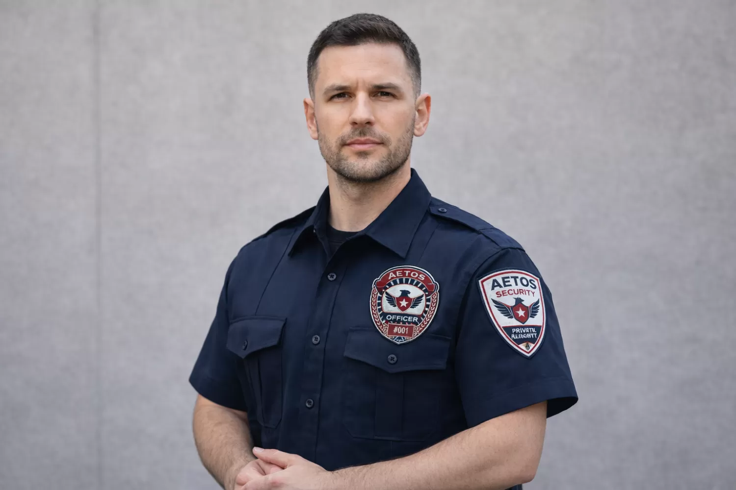 Aetos Security officer uniform — front and back view showing professional branding
