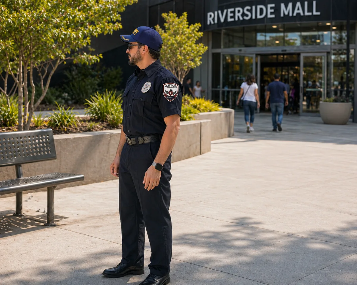 Aetos Security officer posted outside Riverside Mall