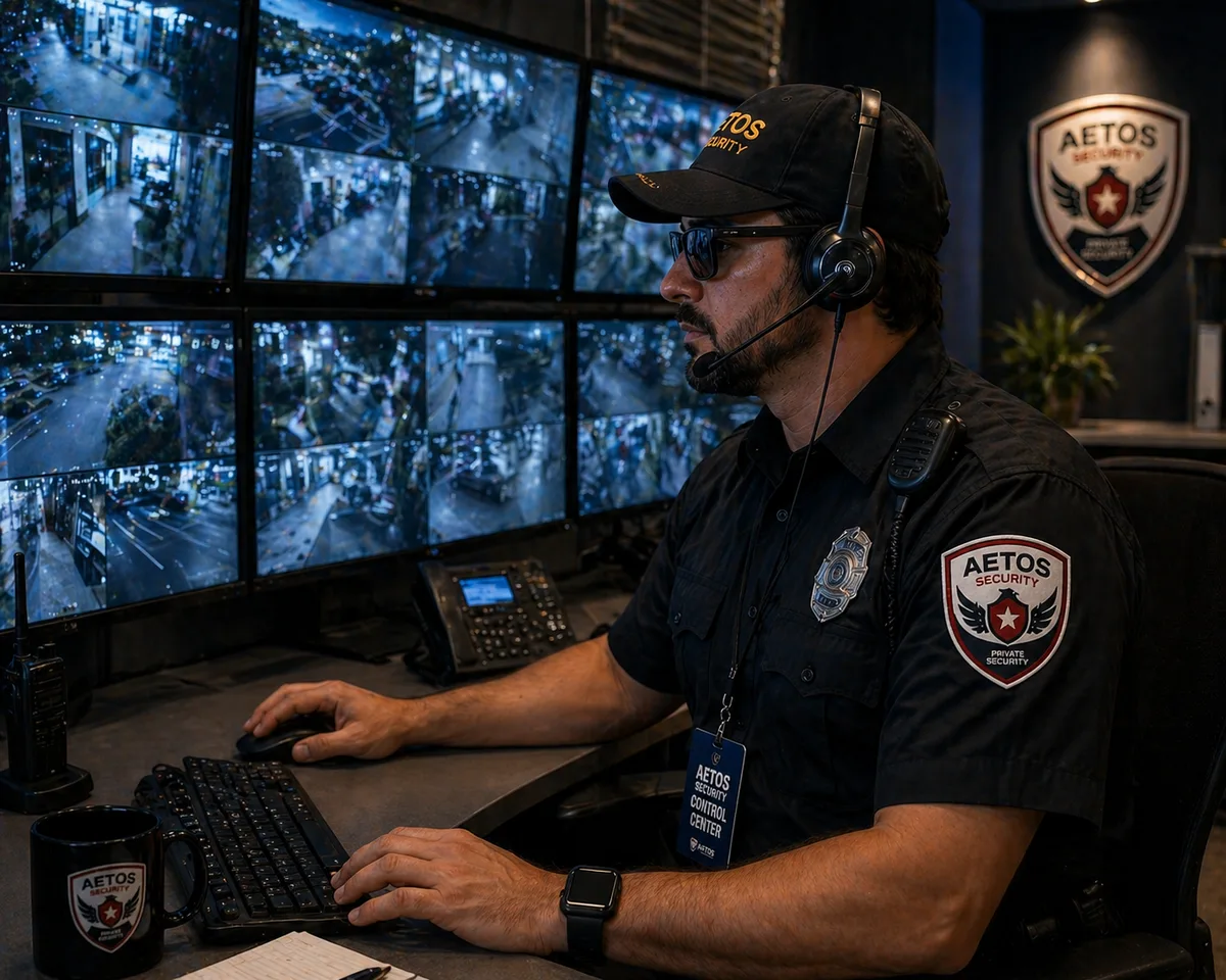 Aetos Security officer monitoring surveillance camera feeds in control room