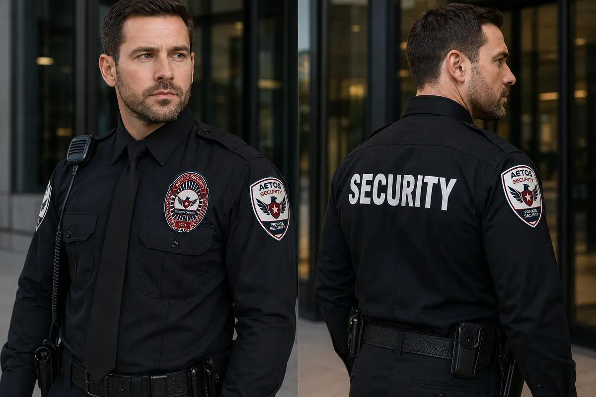 Aetos Security officer uniform — front and back view showing professional branding
